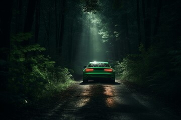 A green car drives through a forest at night towards a green light at the end of the road. A road runs through the center of the image. Generative AI