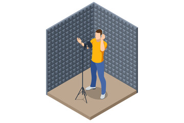 Isometric Music Recording Studio. Studio microphone. Soundproof wall in sound studio Man singing into a condenser microphone