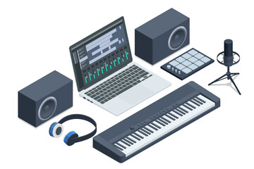 Isometric Music Recording Studio. Home music studio dj and producer equipment