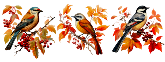 Set of Enchanting watercolor Autumn Birds Isolate on transparent background