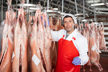 Male butcher showing mutton carcass in meat storage