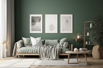 Green Scandi living room with frame mockup, white sofa, blankets and decor. Minimalist. Generative AI