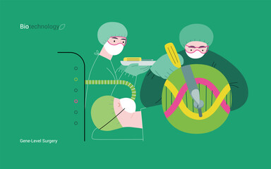 Obraz premium Bio Technology, Gene-Level Surgery -modern flat vector concept illustration of precise genetic modifications at the molecular leve. Metaphor of treating genetic disorders and enhancing human health