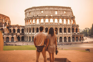 Tourist couple traveling in Rome with beautiful Colosseum surrounding them in background. Generative AI - obrazy, fototapety, plakaty