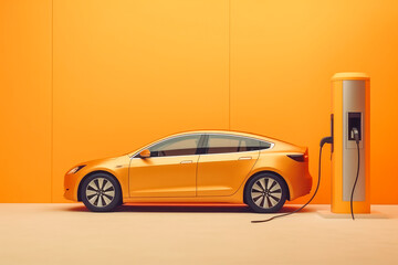 Orange electric car charging on charging station with all orange background. Generative AI