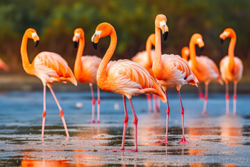 Fototapeta na wymiar Group of flamingo birds gathering in natural habitat, beautiful animals in wild. Generative AI