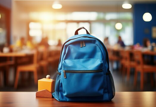 Blue back pack with school supplies on a desk, with blurred background,Generative AI	