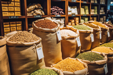 Bulk bags of legumes in natural food store, zero waste store. Generative AI