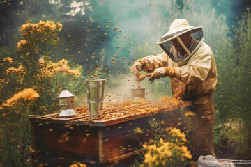 Man beekeeper harvesting honey from beehives in apiary, wearing a safety full body protective outfit. Generative AI