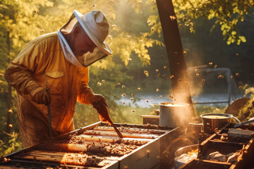 Fototapeta premium Man beekeeper harvesting honey from beehives in apiary, wearing a safety full body protective outfit. Generative AI