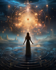 Magical person looking up at stars in sky