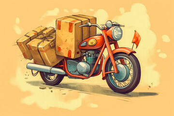 Illustration of cute little vintage motorcycle delivering packages. Generative AI