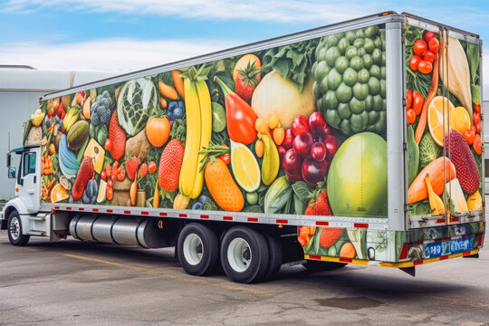 Close up of refrigerated truck decorated with photos of fresh fruit and vegetables. Generative AI