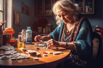 Elderly woman taking pills in the morning, medical treatment, staying healthy. Generative AI