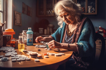 Fototapeta premium Elderly woman taking pills in the morning, medical treatment, staying healthy. Generative AI