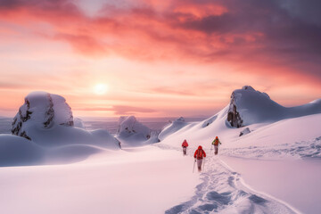 Group of mountaineer back country ski walking skiing in the mountains surrounded by winter idyllic. Generative AI