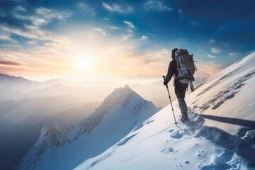 Naklejka na ściany i meble Mountaineer back country ski walking skiing in the mountains surrounded by winter idyllic. Generative AI