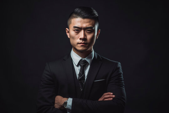 Handsome asian man posing as a famous movie character, dark background. Generative AI