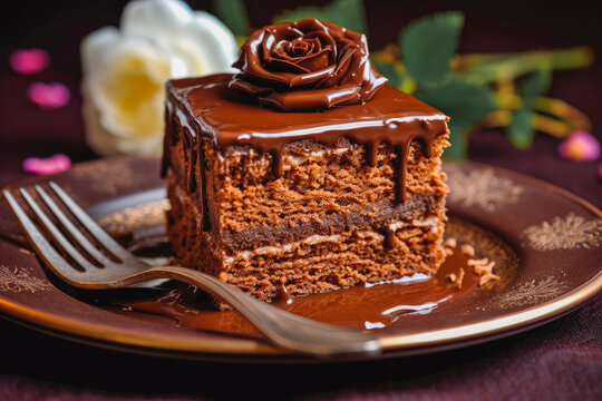 A juicy piece of chocolate cake on plate, a tempting chocolate snack. Generative AI
