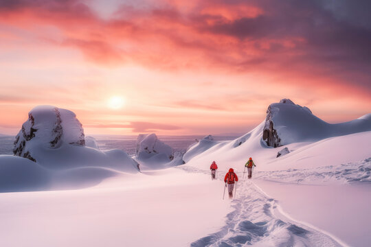 Group of mountaineer back country ski walking skiing in the mountains surrounded by winter idyllic. Generative AI