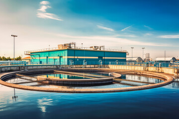 Modern urban waste water treatment plant, process of water purification. Generative AI