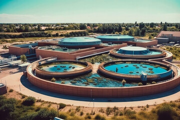 Modern urban waste water treatment plant, process of water purification. Generative AI