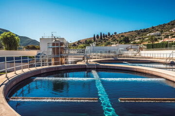 Fototapeta na wymiar Modern urban waste water treatment plant, process of water purification. Generative AI