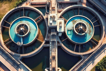 Naklejka premium Modern urban waste water treatment plant, process of water purification. Generative AI