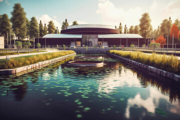 Obraz premium Modern urban waste water treatment plant, process of water purification. Generative AI
