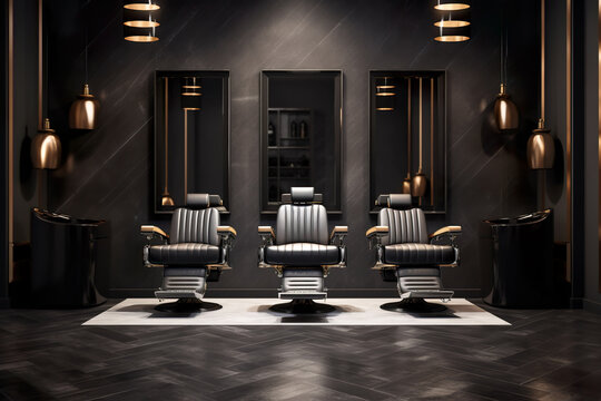Modern hair beauty salon with dark design, luxury barbershop interior