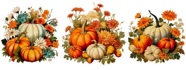 Retro Fall Watercolor Pumpkin and Floral Delights for fall  Seasonal Decorative Designs png