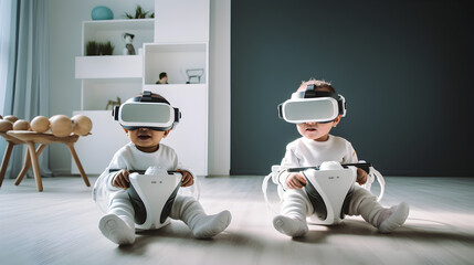 crèche du futur avec des bébés équipés de casques VR - obrazy, fototapety, plakaty