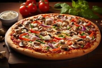 Delicious pizza served on wooden plate