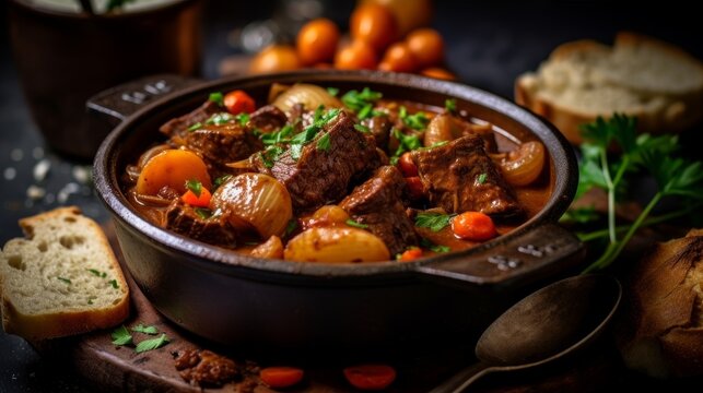 Beef Bourguignon served in a cast iron pot with a side of crusty bread