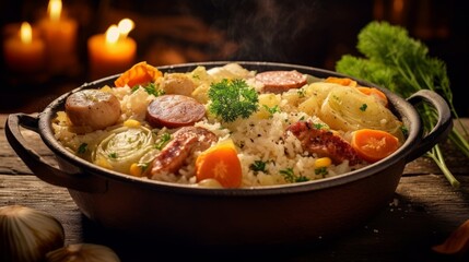 Choucroute Garnie with steaming sauerkraut, sausages, and side vegetables on a rustic wooden table - obrazy, fototapety, plakaty