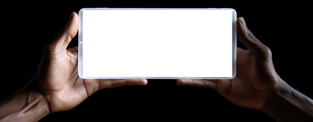 Hands holding tablet, isolated on black background