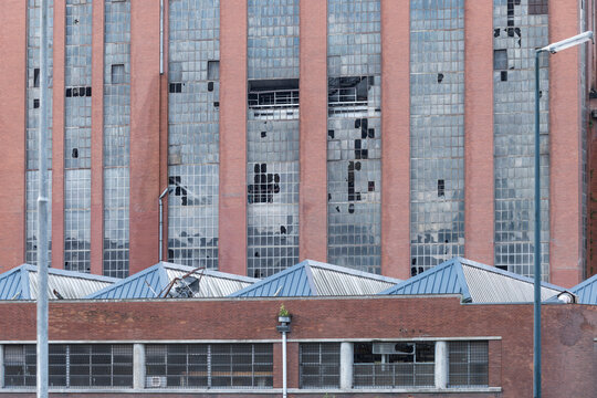 Front view of the Stained glass windows of an abandoned power plant