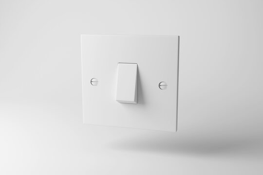 White light switch floating in mid air on white background in monochrome and minimalism. Illustration of the concept of home electrical appliance and energy saving
