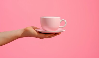 hand holding a cup of coffee, isolated on pink background