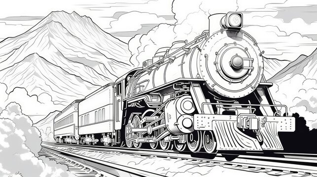 Realistic steam train sketch template. Coloring paper, page, story book, black and white