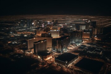 A nighttime aerial view of Las Vegas city skyline. Generative AI