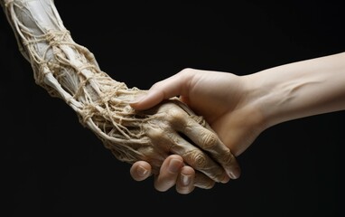 Two hands young and old handshake, symbol of self reflection, take care of yourself - obrazy, fototapety, plakaty