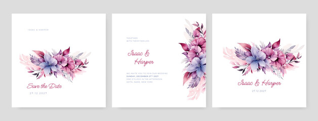 Bright wedding invitation template set with floral frame Premium Vector