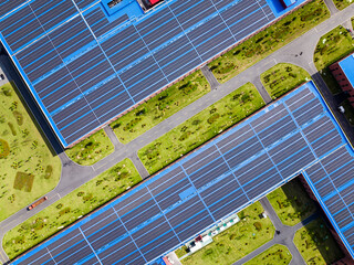 Aerial view of solar energy panels on the roof 