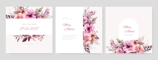 Elegant wedding card with beautiful floral and leaves template