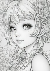 Vector illustration, beautiful girl among flowers, coloring book