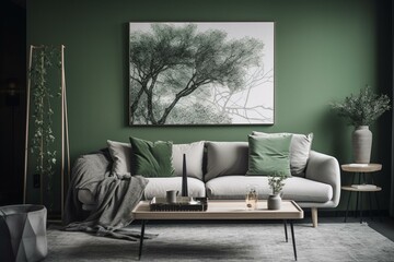 Modern living room with gray artwork, green wall, white desk, coffee table, and blanket on sofa. Generative AI