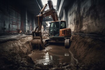 Fototapeta na wymiar Construction excavator laying underground infrastructure for sewer, water, and storm systems. Generative AI