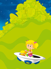 Obraz na płótnie Canvas Cartoon funny colorful scene of cosmos galactic alien ufo isolated illustration for children
