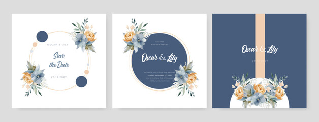 Elegant wedding card with beautiful floral and leaves template